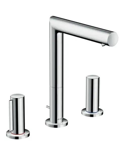 Waschtischarmatur mit drei Teilen, chromfarben, bestehend aus einem hohen Wasserhahn und zwei Steuergriffen. Design von AXOR, geeignet für moderne Badezimmeranwendungen.